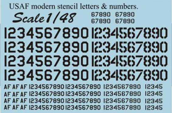 USAF Modern Stencil Letters & Numbers.Black 1/48 Scale Decals Print Scale 48-005